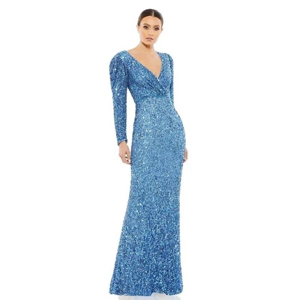 Mac Duggal 5510 Blue Women's Sequined Wrap Over Puff Long Sleeve Gown Size 4